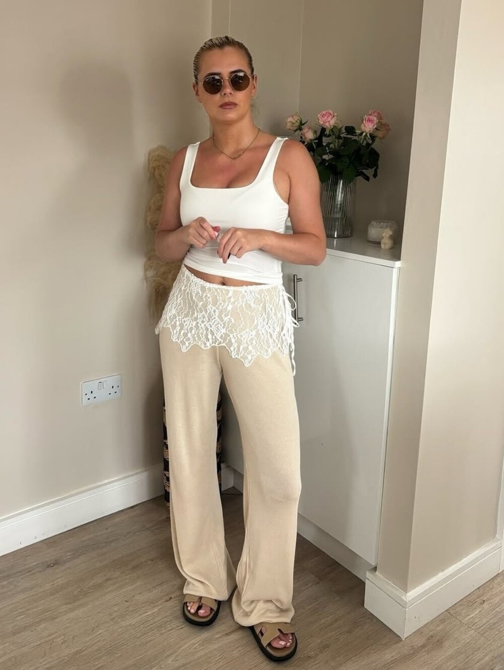 ZARA LACE RIBBED PAREO PANTS CREAM